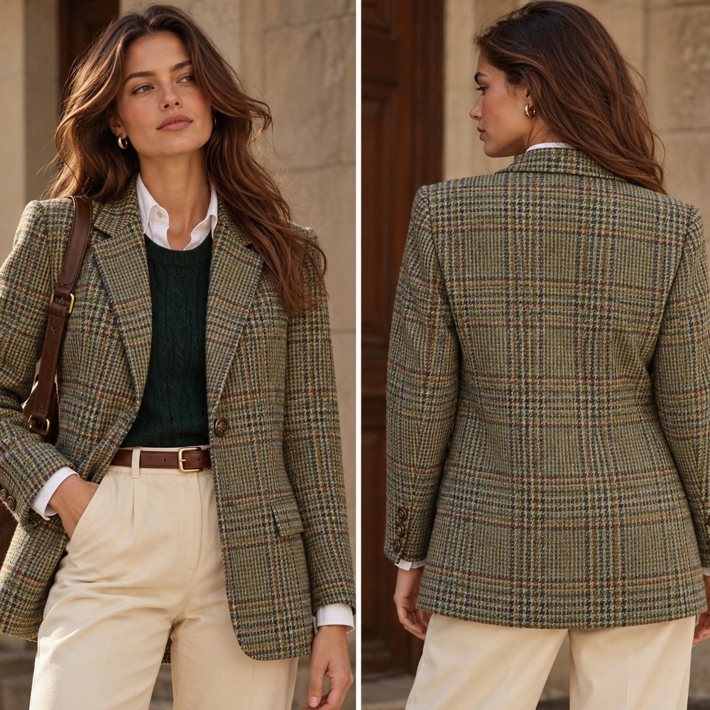 Lauren Ralph Lauren Blazer Women 4 Green Glen Plaid Wool Equestrian Jacket Coat